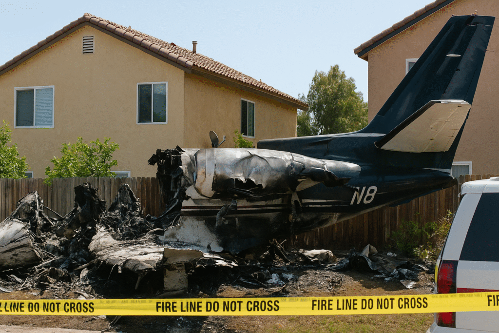 Burned wreckage of a Cessna 550 jet crash in San Diego’s Murphy Canyon residential neighborhood