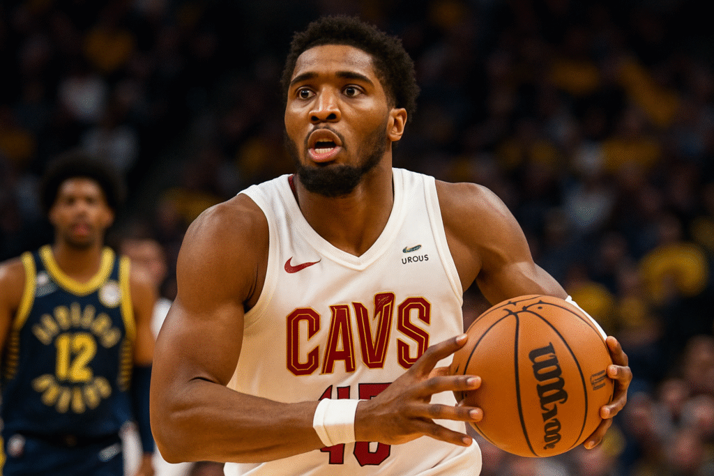 Cleveland Cavaliers player in white jersey number 45 dribbling during a game against the Indiana Pacers
