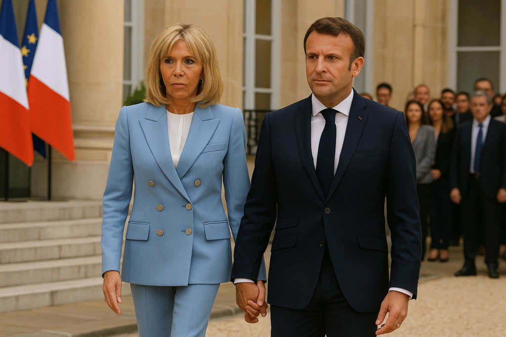 Emmanuel Macron and Brigitte Macron walk hand-in-hand outside the Élysée Palace during an official event