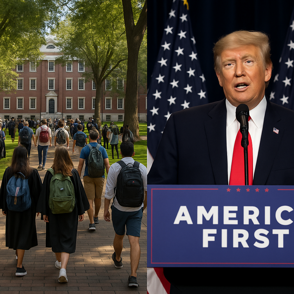 Harvard University students on campus with overlay of Donald Trump speaking at an America First podium
