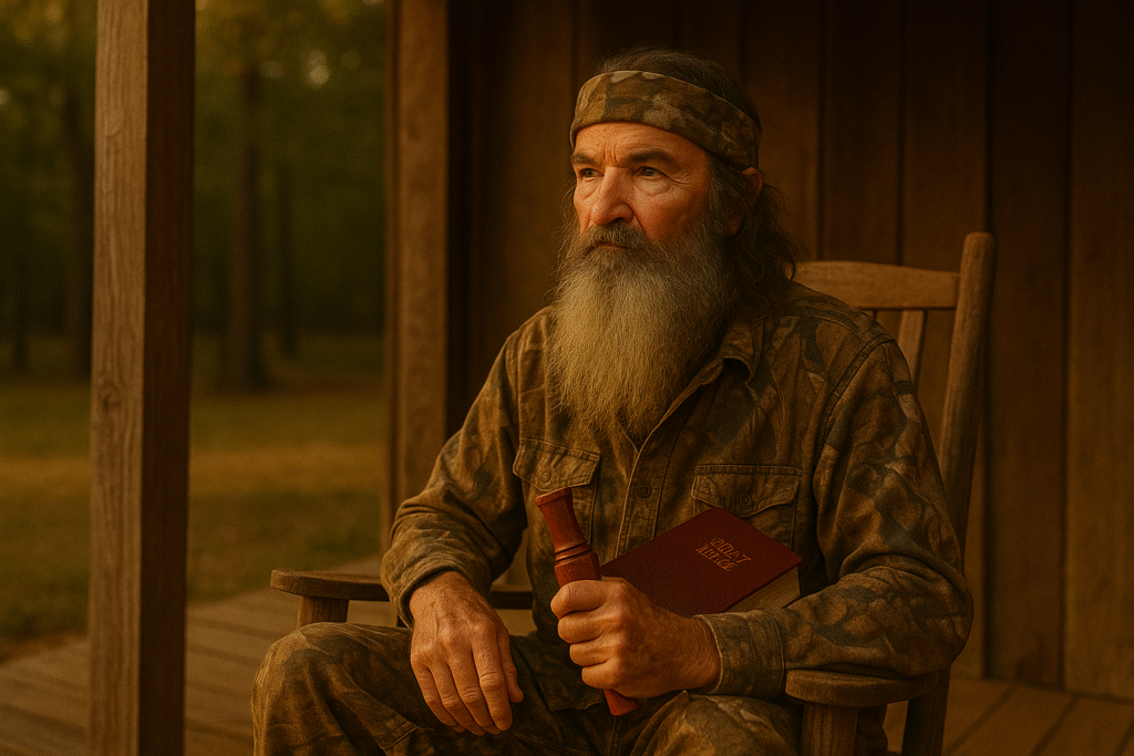 Phil Robertson of Duck Dynasty sitting on a rustic porch with a Bible and duck call at sunset