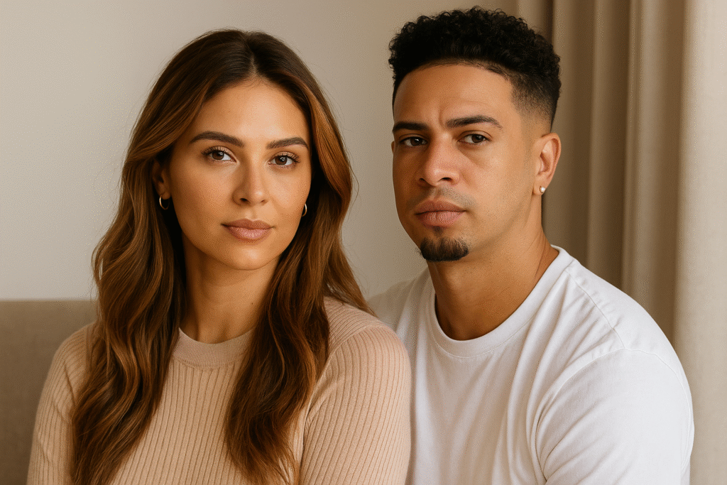 Catherine Paiz and Austin McBroom sitting side by side in a calm, neutral-toned studio setting reflecting on their journey