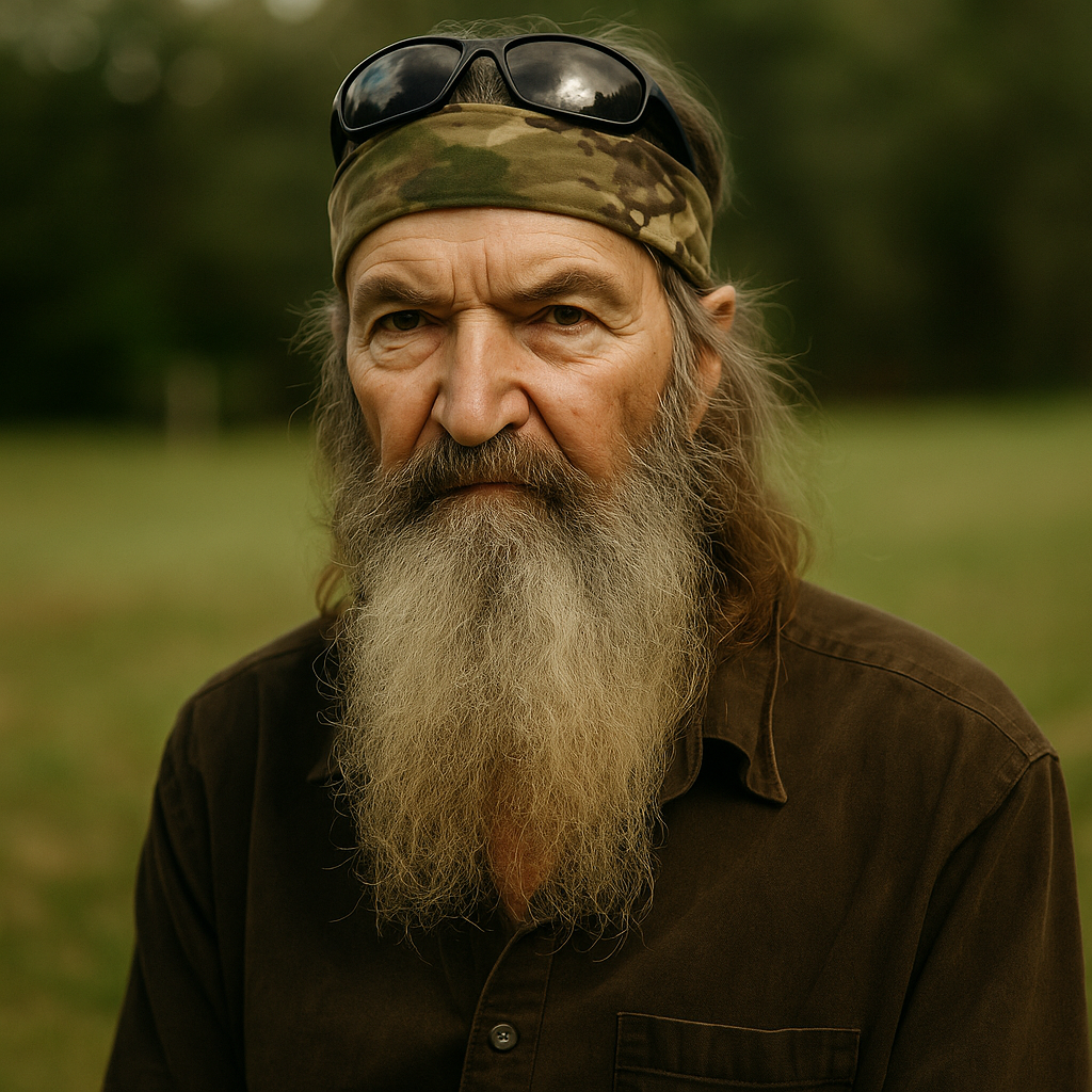 A solemn portrait of Phil Robertson, elderly man with long beard, wearing camouflage and a headband, sitting against a rustic wooden background