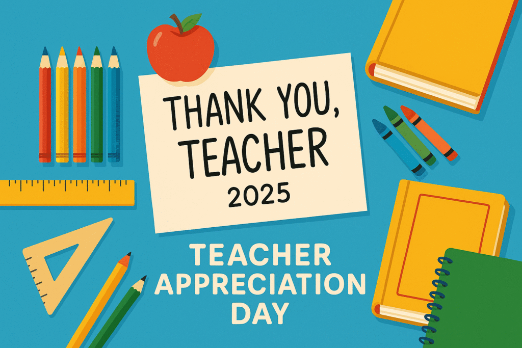 Colorful flat lay with school supplies and a thank-you note celebrating Teacher Appreciation Day 2025