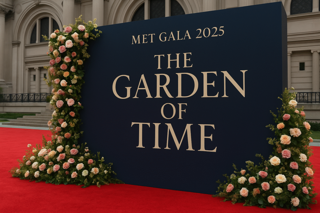 Elegant Met Gala 2025 red carpet scene inspired by “The Garden of Time” theme, featuring floral gowns and dandy-inspired fashion