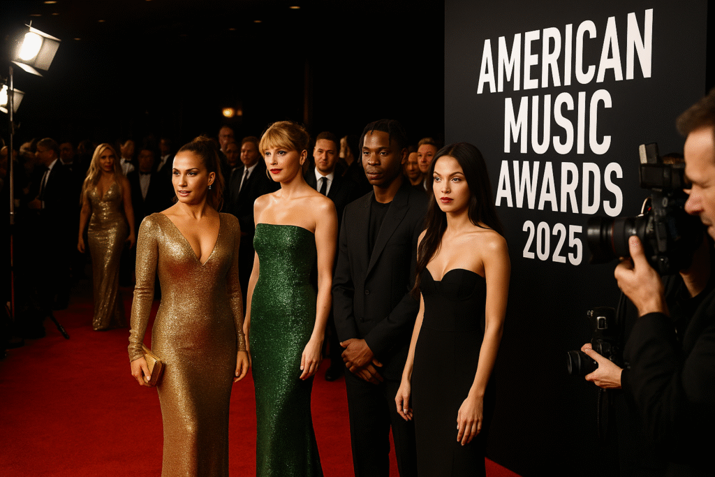 A star-studded moment from the American Music Awards 2025 featuring celebrity arrivals, fashion statements, and flashing lights at the T-Mobile Arena in Las Vegas