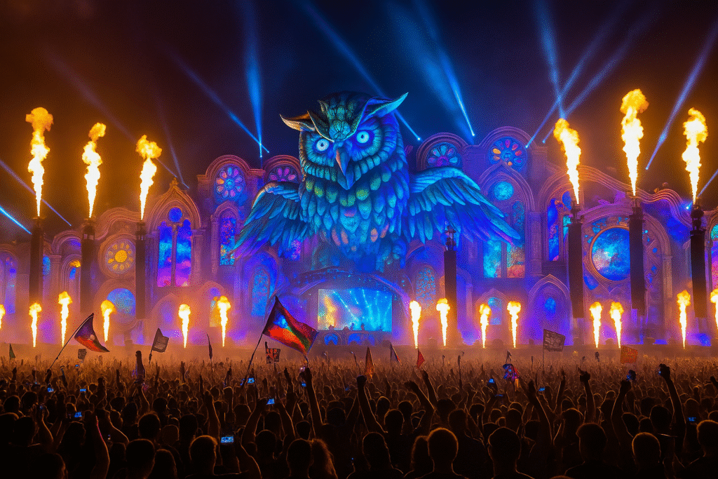 A vibrant night scene from Electric Daisy Carnival (EDC) Las Vegas 2025 featuring neon lights, festival crowd, and iconic carnival rides under the desert sky
