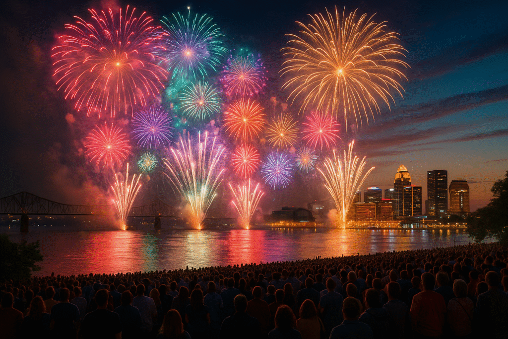 Colorful fireworks explode over the Ohio River during Thunder Over Louisville at the Kentucky Derby Festival 2025