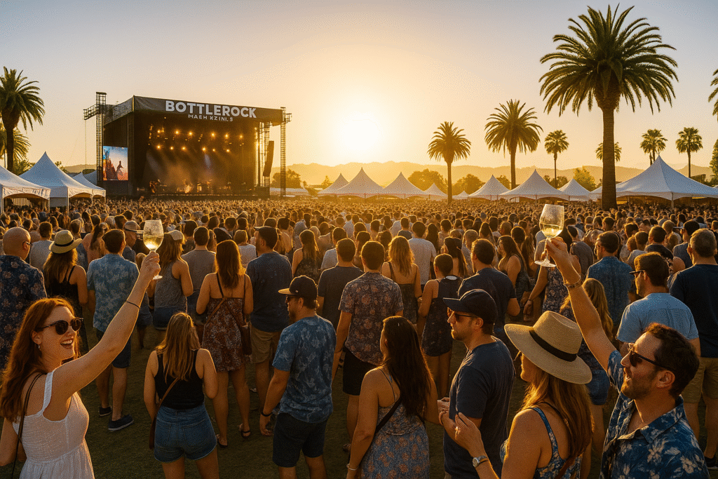 Crowd enjoying live music at BottleRock Napa Valley 2025 with wine glasses raised, palm trees, and a golden sunset in the background.