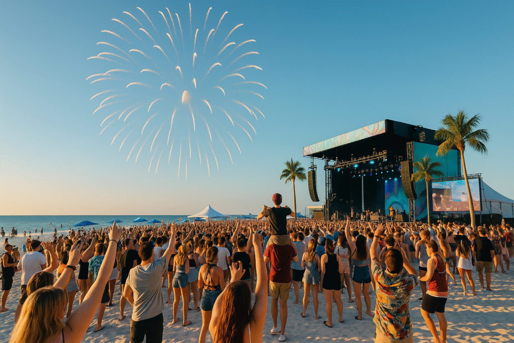 Crowd enjoying a live music performance at Hangout Music Festival 2025 on the beach with fireworks in the sky and palm trees in the background