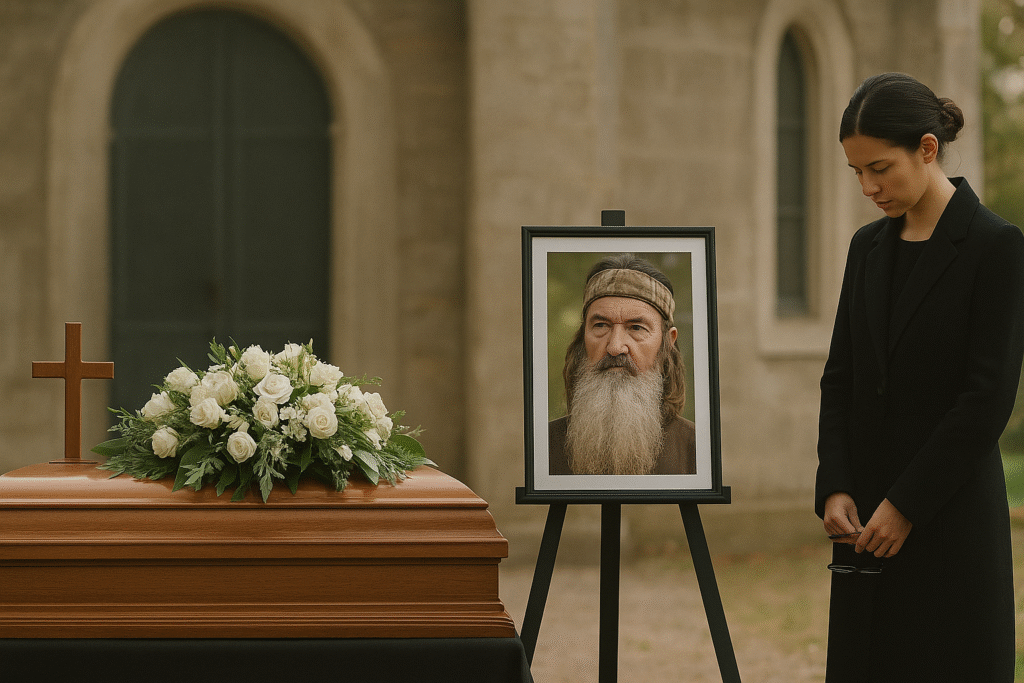 A wooden casket adorned with white flowers stands beside a portrait of Phil Robertson during a memorial service outside a stone church, with a woman in mourning nearby.