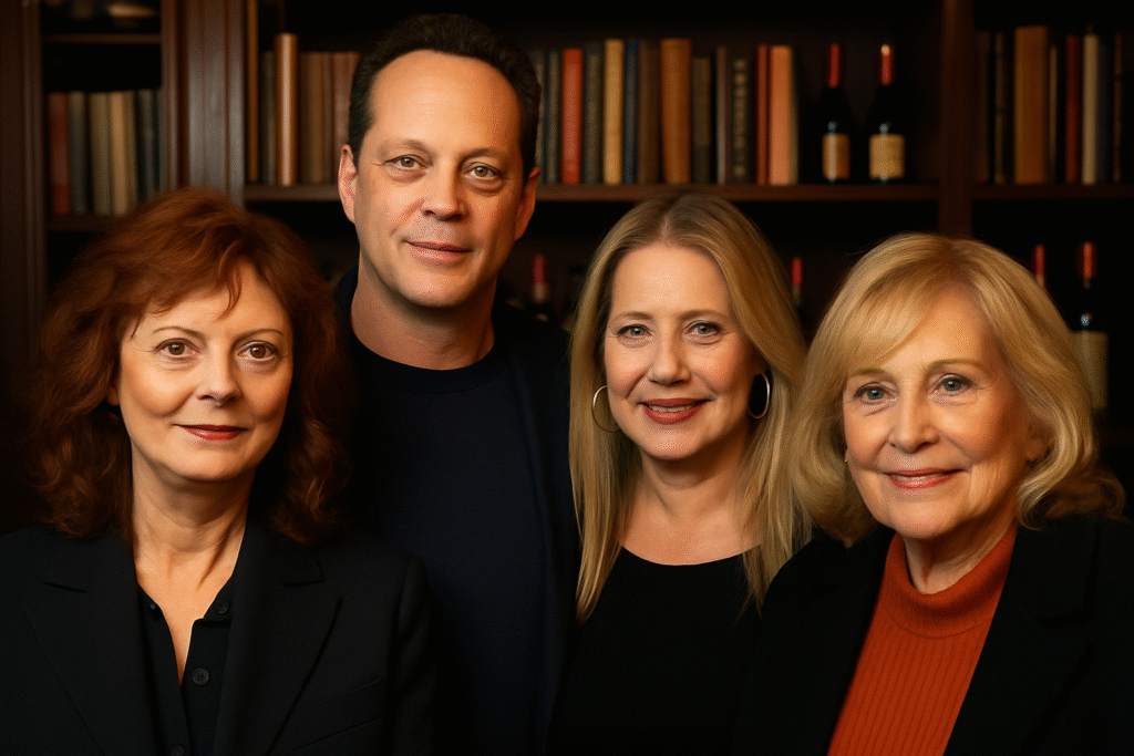 Susan Sarandon, Vince Vaughn, Lorraine Bracco, and Brenda Vaccaro standing together smiling in front of a bookshelf