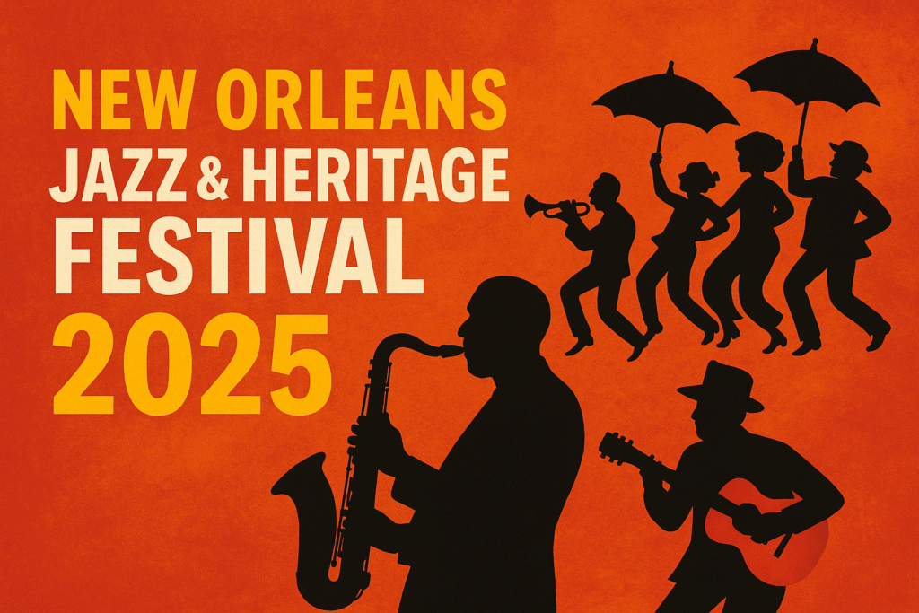 Silhouettes of jazz musicians and dancers on a vibrant orange background representing the New Orleans Jazz & Heritage Festival 2025