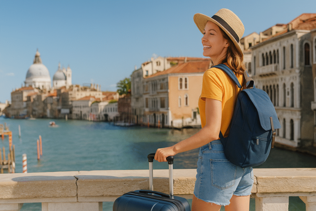 A smiling woman with a sunhat and suitcase overlooks Venice's Grand Canal on a bright summer day, representing modern American travel trends.