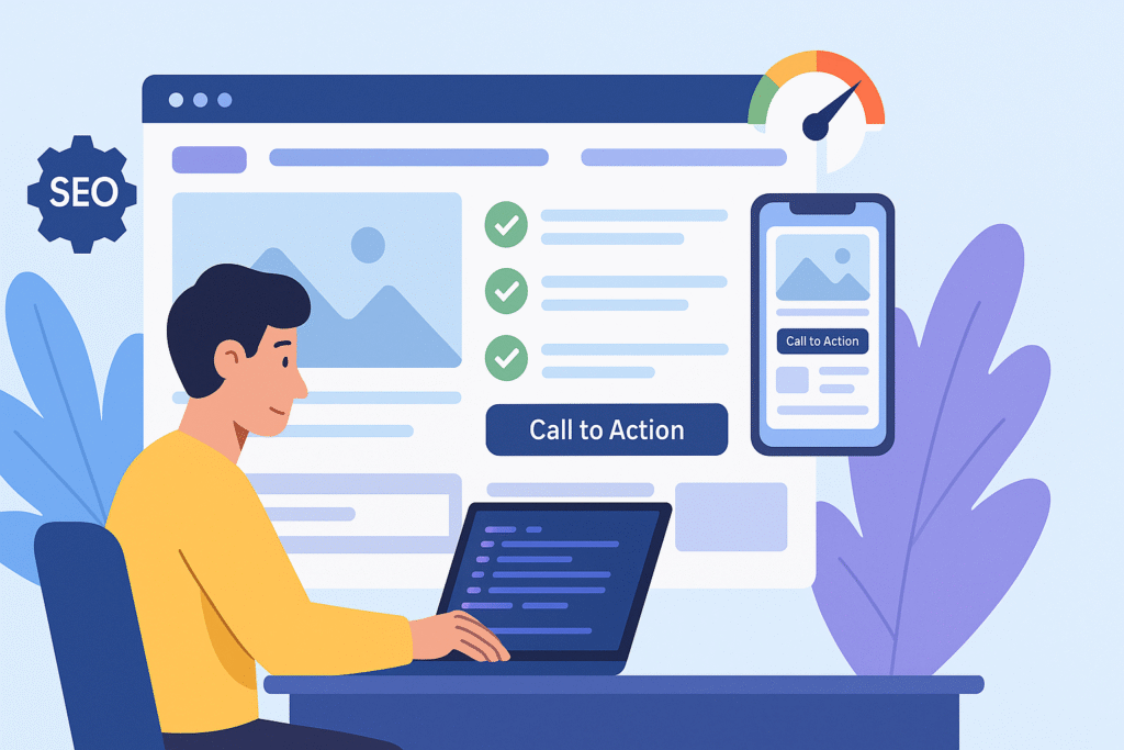 Illustration of a modern web developer optimizing a website for speed, SEO, and conversion performance, with visual indicators like mobile UI, call-to-action buttons, and speed gauges